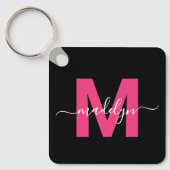 Hot Pink Black Script Name Monogram Schlüsselanhänger (Vorderseite)
