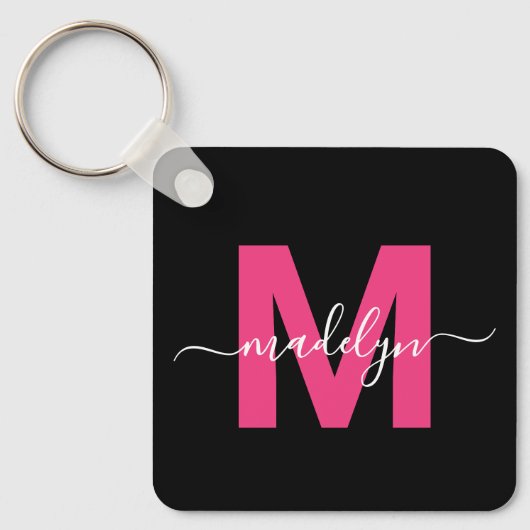Hot Pink Black Script Name Monogram Schlüsselanhänger (Vorderseite)