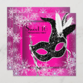 Hot Pink Black Snowflake Sweet 16 Masquerade Party Einladung (Vorne/Hinten)