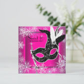 Hot Pink Black Snowflake Sweet 16 Masquerade Party Einladung (Stehend Vorderseite)