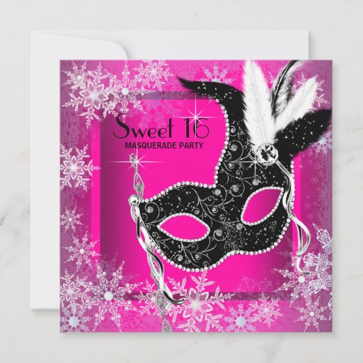 Hot Pink Black Snowflake Sweet 16 Masquerade Party Einladung (Vorderseite)