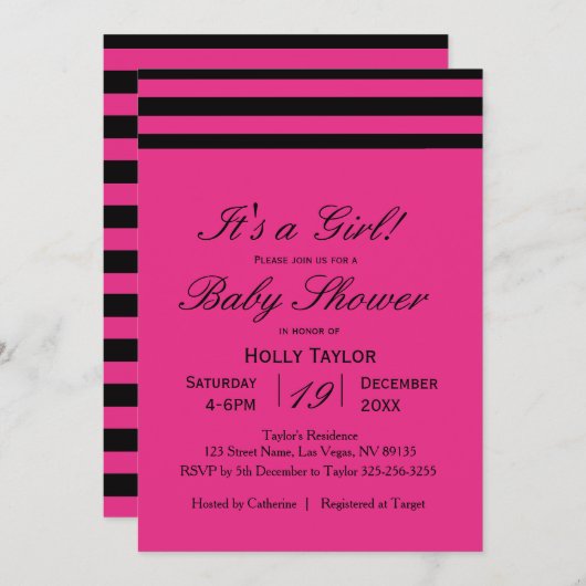 Hot Pink & Black Stripes Kinderdusche Einladung (Vorne/Hinten)