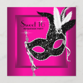Hot Pink Black Sweet 16 Masquerade Party Einladung