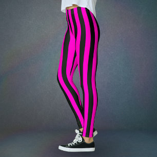 Hot Pink Black Vertical Wide Strip Leggings
