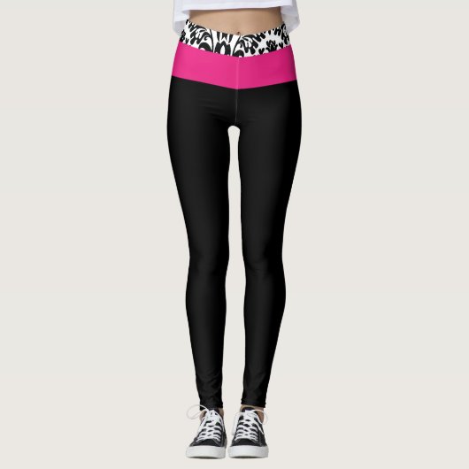 Hot Pink Black & White Damask Chic Gym Lounge Leggings (Vorderseite)