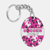 Hot Pink, Black & White Personalize Soccer Ball Schlüsselanhänger (Vorderseite links)