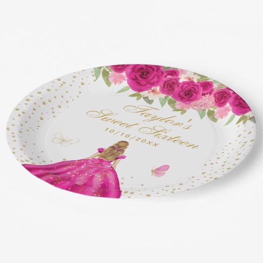 Hot Pink Bloral Blonde Hair Princess 16 . Geburtst Pappteller (Schrägansicht)