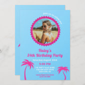 Hot Pink & Blue Modern Foto 34. Geburtstag Einladung (Vorne/Hinten)