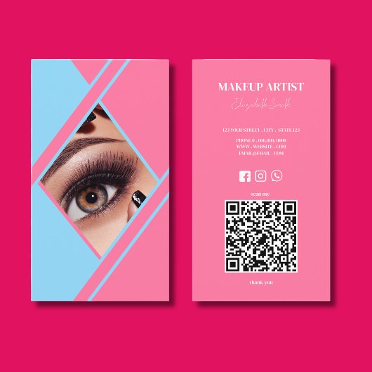 Hot Pink & Blue QR Code Foto Makeup Artist Visitenkarte