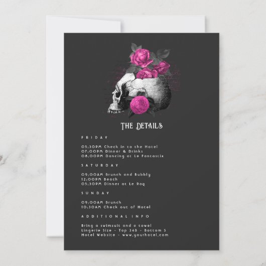 Hot-Pink Blues Gothic Skull Bachelorette Wochenend Einladung (Rückseite)