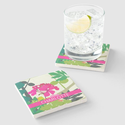 Hot Pink blühende Geranien Floristischer Individue Steinuntersetzer (Seitenansicht)