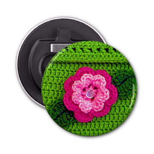 Hot Pink Blume Nature Green Unique Crochet Print Flaschenöffner (Vorderseite)