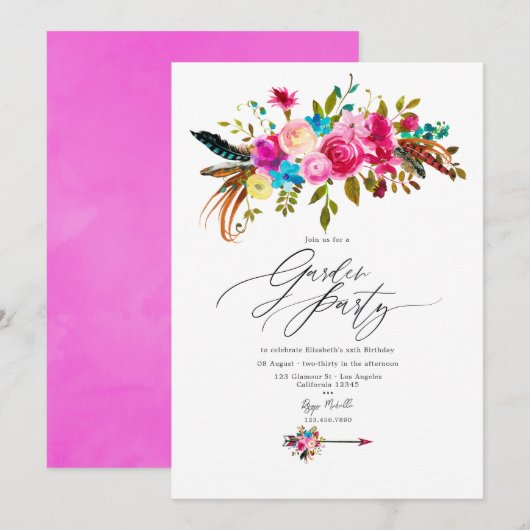 Hot-Pink Boho Chic Blumengarten Party Einladung (Vorne/Hinten)