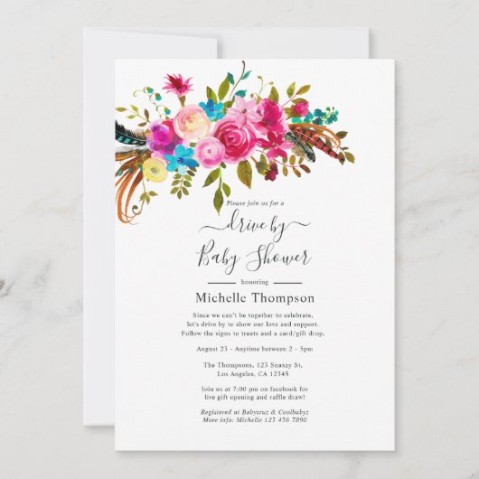 Hot-Pink Boho Chic Drive mit Bridal oder Babydusch Einladung (Vorderseite)