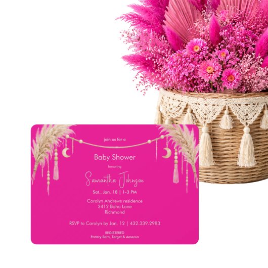 Hot Pink Boho Pampas Baby Shower Einladung