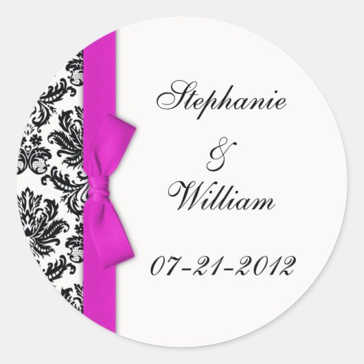 Hot Pink Bow Classic Damask Wedding Label Runder Aufkleber (Vorderseite)