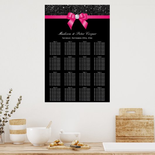 Hot-Pink-Bow-Hochzeitstabelle für schwarze Sequenz Poster (Küche)
