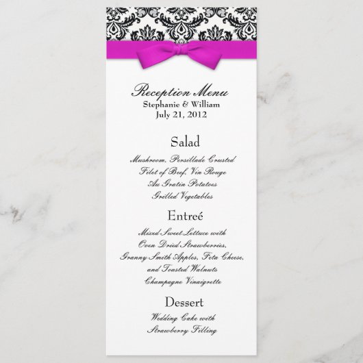 Hot Pink Bow mit Damask Wedding Empfang Menu Menükarte (Vorderseite)