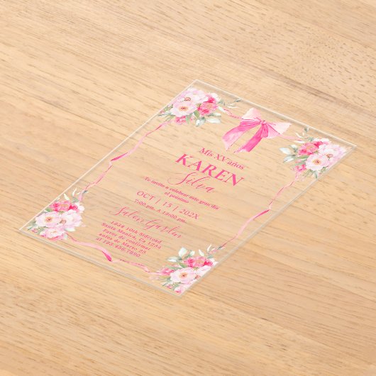Hot Pink Bow Quinceanera Akryllische Einladung (Ablage )