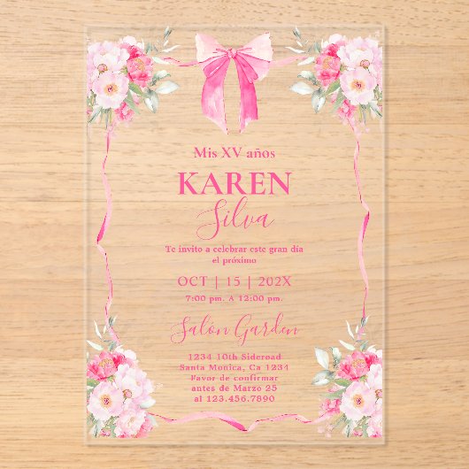 Hot Pink Bow Quinceanera Akryllische Einladung (Vorderseite)