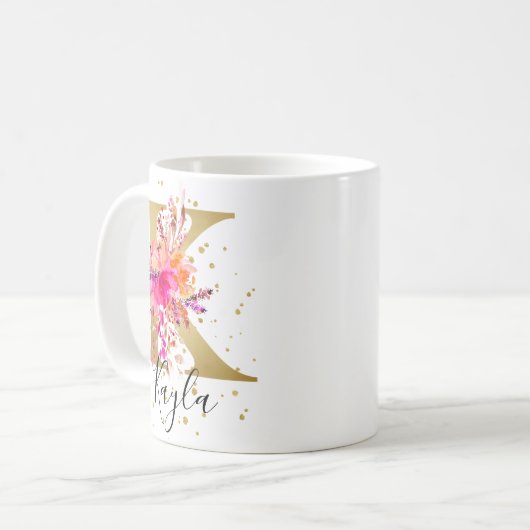 Hot Pink Bright Floral Letter K Monogramm Kaffeetasse (Vorderseite Links)
