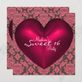 Hot Pink Brown Red Heart Damask Sweet 16 Party Einladung (Vorne/Hinten)