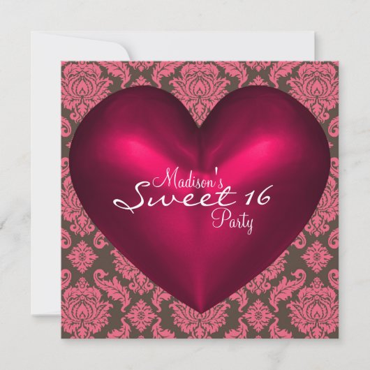 Hot Pink Brown Red Heart Damask Sweet 16 Party Einladung (Vorderseite)