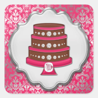 Hot Pink Cake Couture Damask Square Bäckerei Label Quadratischer Aufkleber