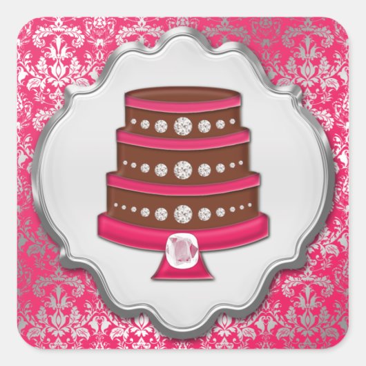 Hot Pink Cake Couture Damask Square Bäckerei Label Quadratischer Aufkleber (Vorderseite)