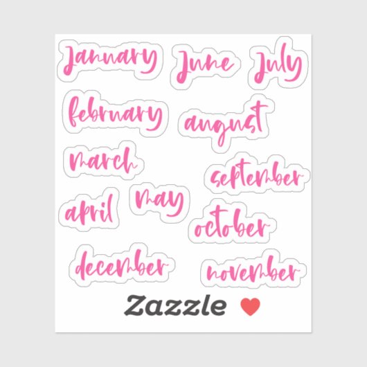 Hot Pink Calligraphy Script Monate des Jahres Aufkleber (Blatt)