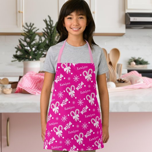 Hot Pink Candy Cane Peppermint Snowflakes Name Schürze
