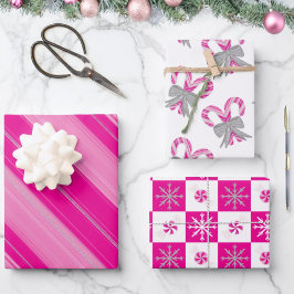 Hot Pink Candy Canes Peppermint, Snowflakes & Bows Geschenkpapier Set