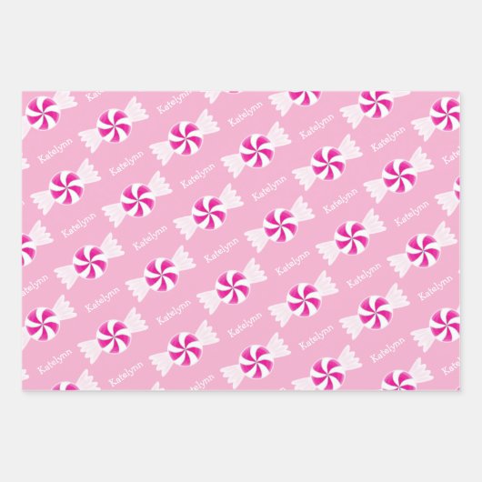 Hot Pink Candy Canes Peppermint & Snowflakes Name Geschenkpapier Set (Vorderseite 3)