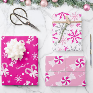Hot Pink Candy Canes Peppermint & Snowflakes Name Geschenkpapier Set