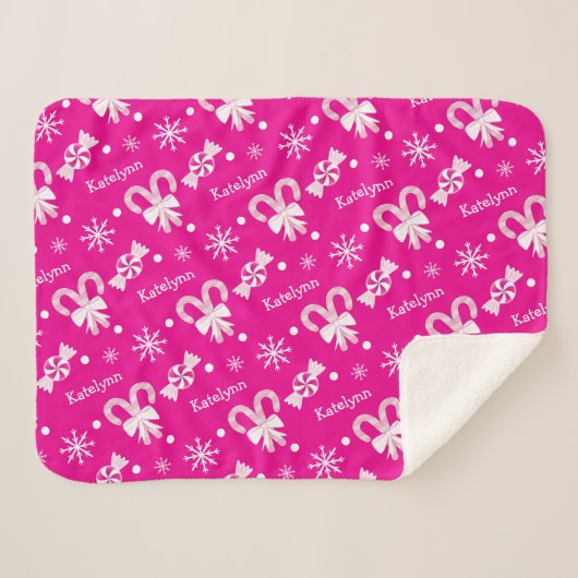 Hot Pink Candy Canes Peppermint & Snowflakes Name Sherpadecke (Vorderseite (Horizontal))