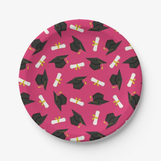 Hot Pink Cap Diplomas Pattern Graduation Party Pappteller (Vorderseite)