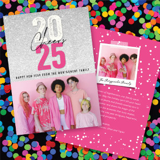 Hot Pink Cheers 2025 Glitzer Chic New Year Foto Feiertagskarte