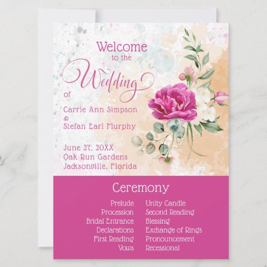 Hot-Pink-Color-Splash-Hochzeitsprogramm Einladung (Vorderseite)