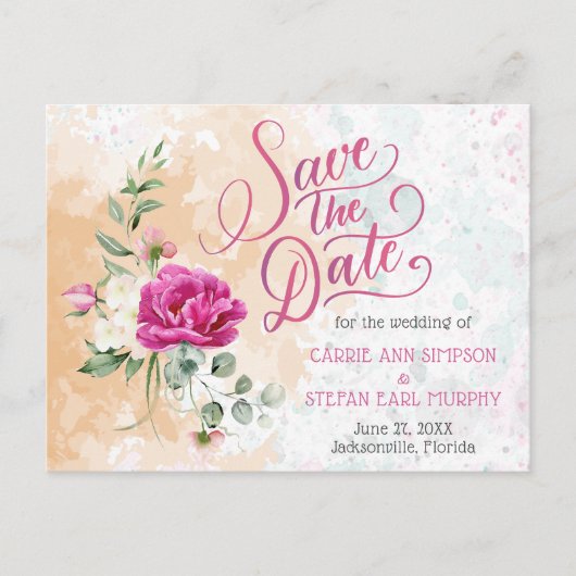 Hot Pink Color Splash Wedding Save the Date Postkarte (Vorderseite)