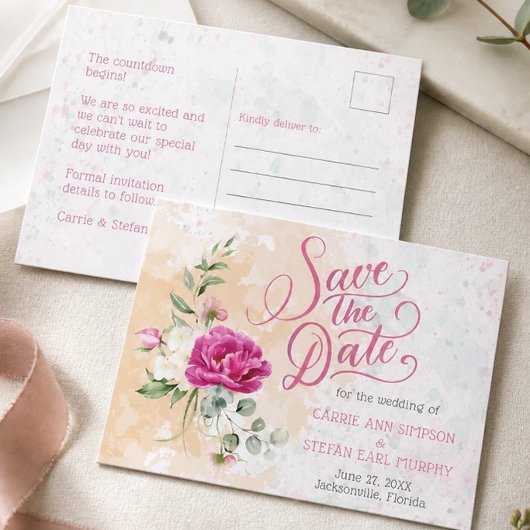 Hot Pink Color Splash Wedding Save the Date Postkarte