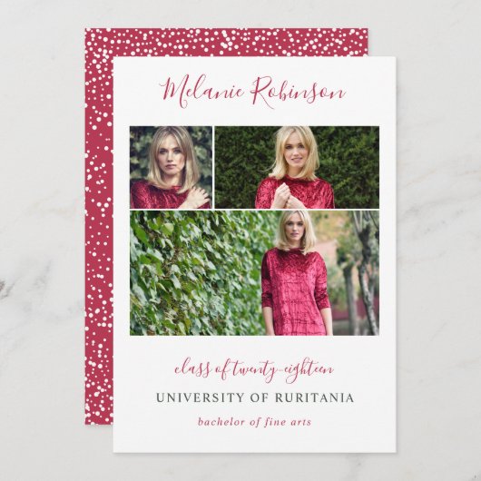 Hot Pink Confetti 3 Fotos Abschluss Ankündigung (Vorne/Hinten)