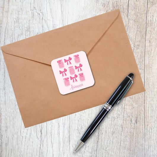 Hot Pink Coquette Pickle Jar und Bow Personalisier Quadratischer Aufkleber