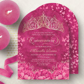 Hot Pink Crown Butterfells Elegantes Quinceanera Einladung