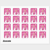 Hot Pink Custom 4 Birthday Princess Karikatur Quadratischer Aufkleber (Blatt)