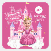 Hot Pink Custom 4 Birthday Princess Karikatur Quadratischer Aufkleber (Vorderseite)
