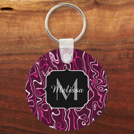 Hot pink damascus abstract swirls Custom Monogram Schlüsselanhänger (Vorderseite)