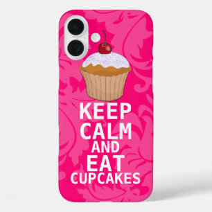 Hot Pink Damask BEHALTEN CALM UND Cupcakes essen iPhone 16 Plus Hülle