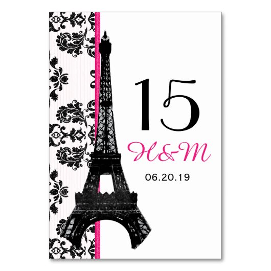 HOT PINK DAMASK EIFFEL TOWER PARISIAN WEDING TISCHNUMMER (Rückseite)