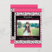 Hot Pink Damask Floral Foto Abschluss Einladung (Vorne/Hinten)