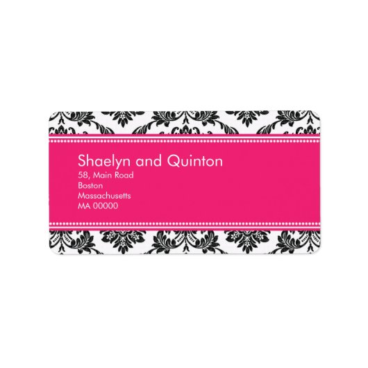 Hot Pink Damask Hochzeitadressen-Labels Adressaufkleber (Vorne)